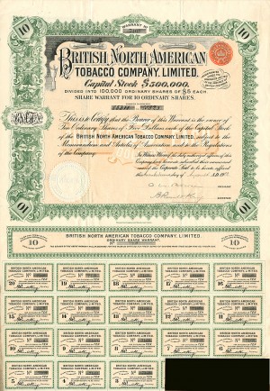 British North American Tobacco Co., Limited - Stock Certificate with Dividend Coupons